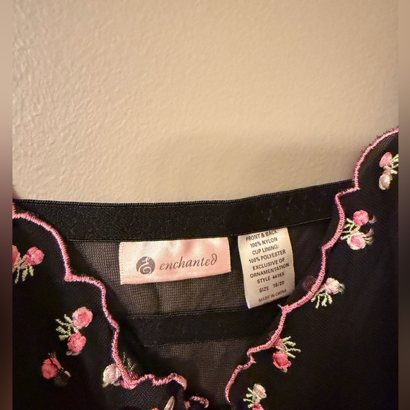 VTG Enchanted Black Floral Embroidered Babydoll Chemise 18/20 Coquette Plus - Picture 4 of 7